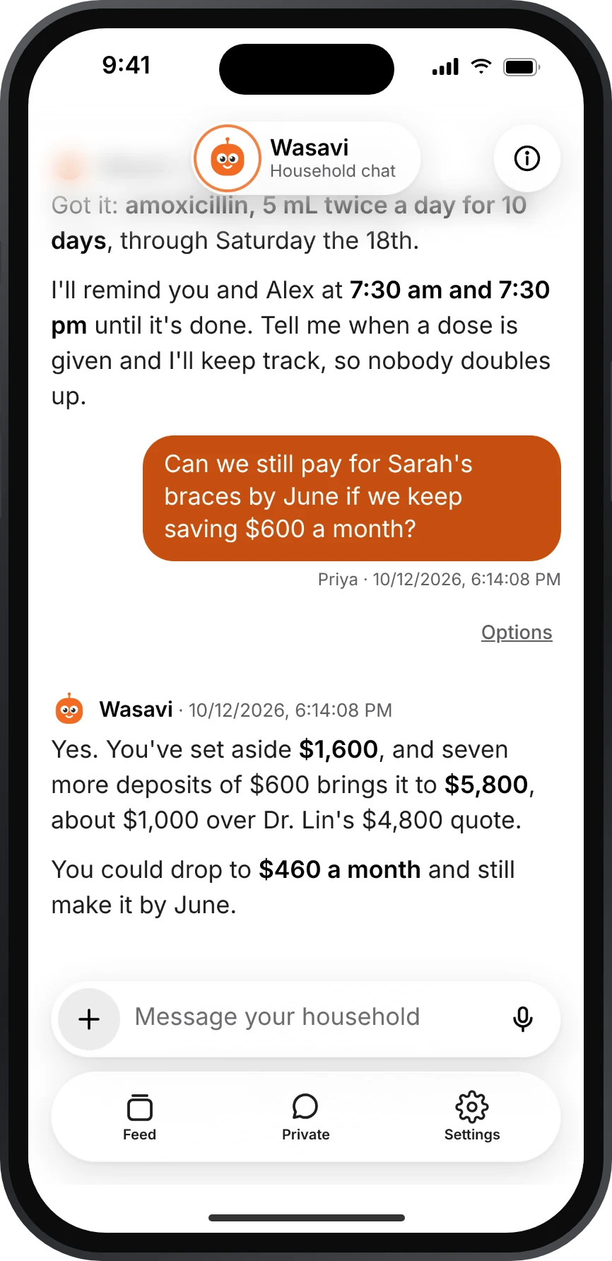 Wasavi app, household chat: Wasavi works out that the family's savings will cover braces by June, and how much less they could save each month.