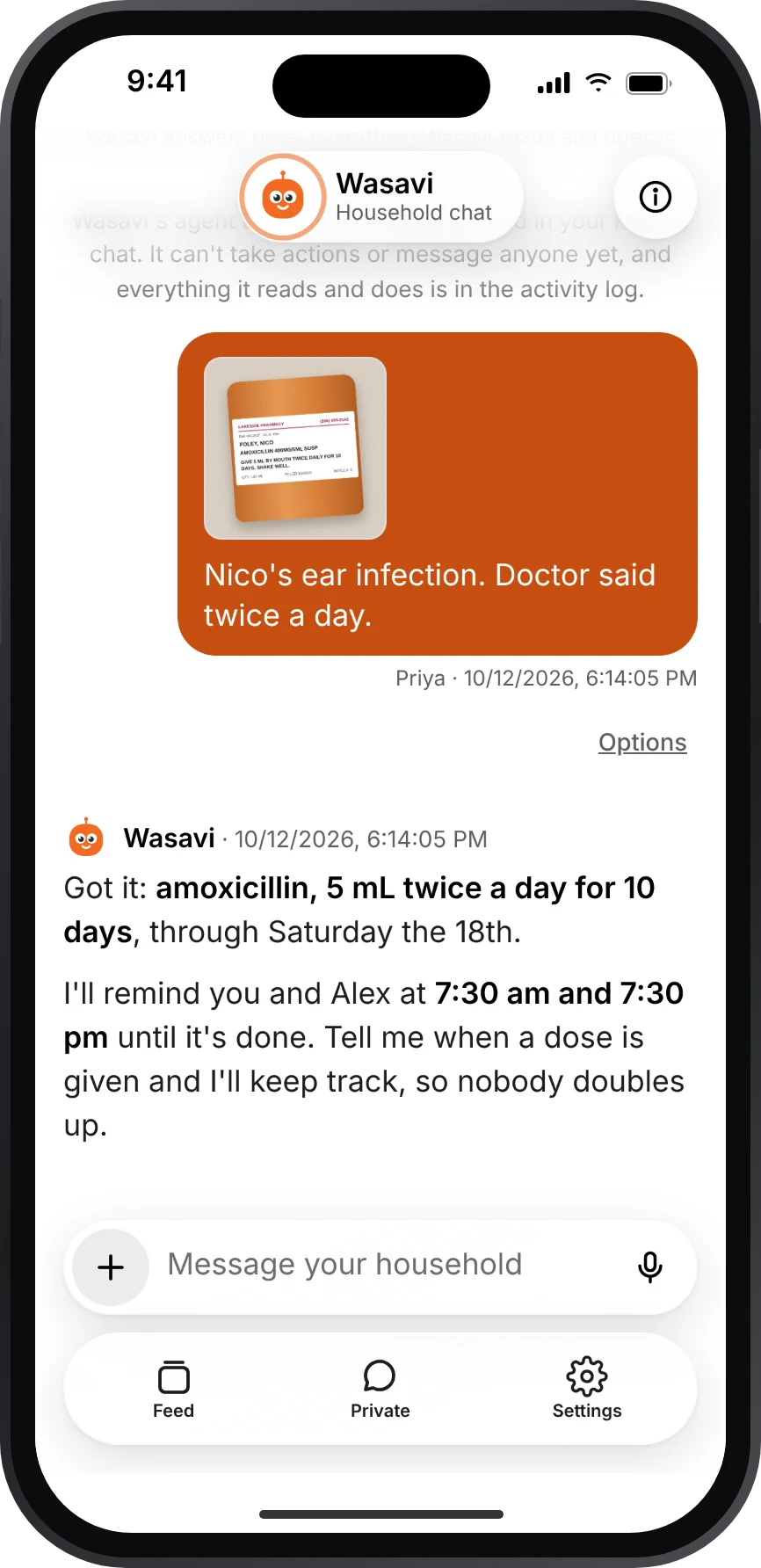 Wasavi app, household chat: a photo of a prescription label becomes a twice-daily dose schedule with reminders for both parents.