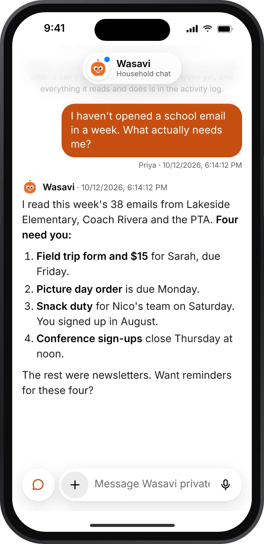 Wasavi app, private chat: Wasavi summarizes 38 school and team emails into the four that need a parent this week.
